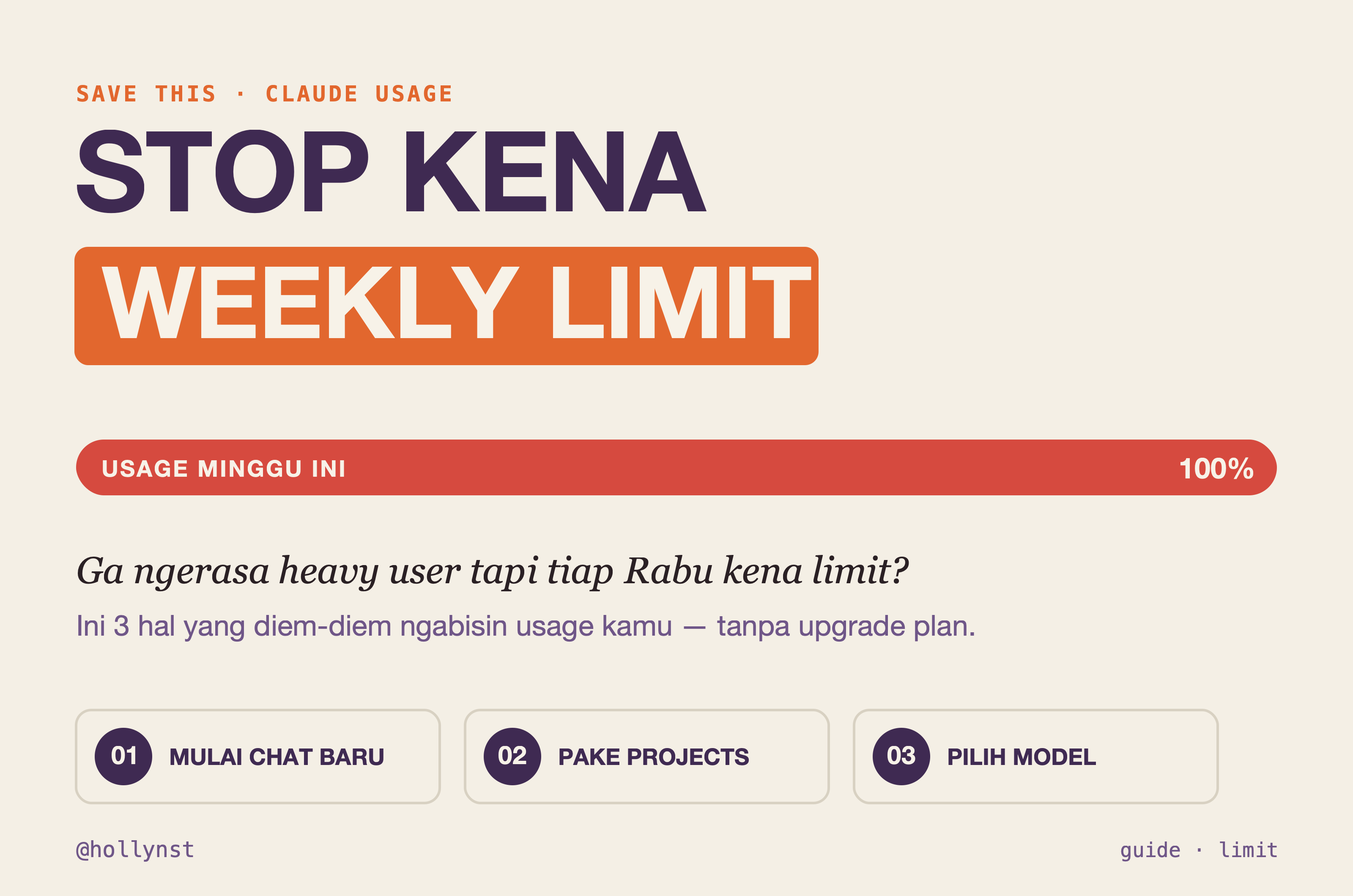Stop kena weekly limit Claude — 3 cara
