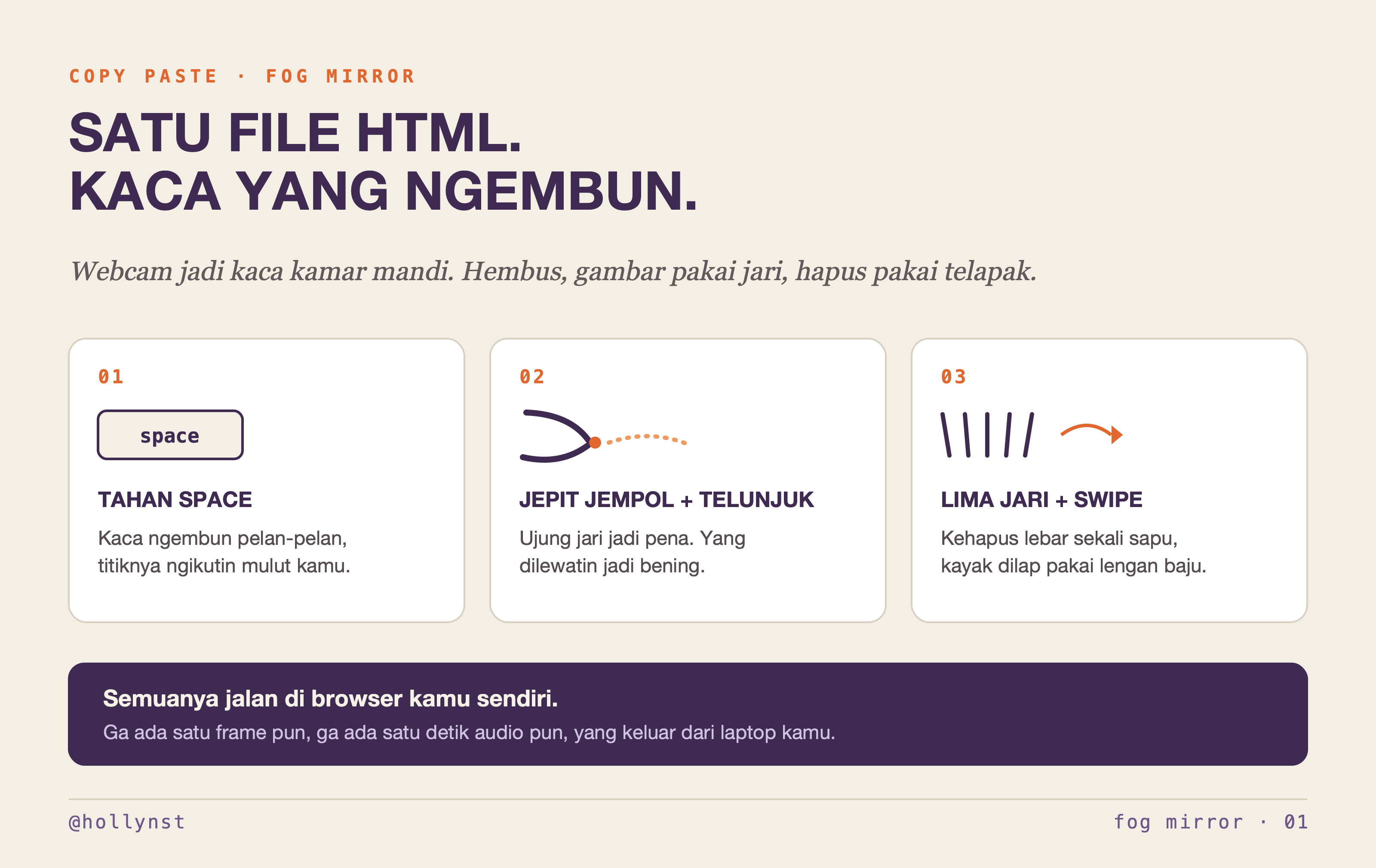 Tiga kontrol Fog Mirror: tahan space buat ngembun, jepit jempol dan telunjuk buat gambar, lima jari plus swipe buat hapus lebar
