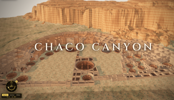 Rekonstruksi 3D Pueblo Bonito di Chaco Canyon yang dibangun Argon dari LiDAR 0,5 meter dan survei arsip, dengan panel musim di pojok kiri bawah