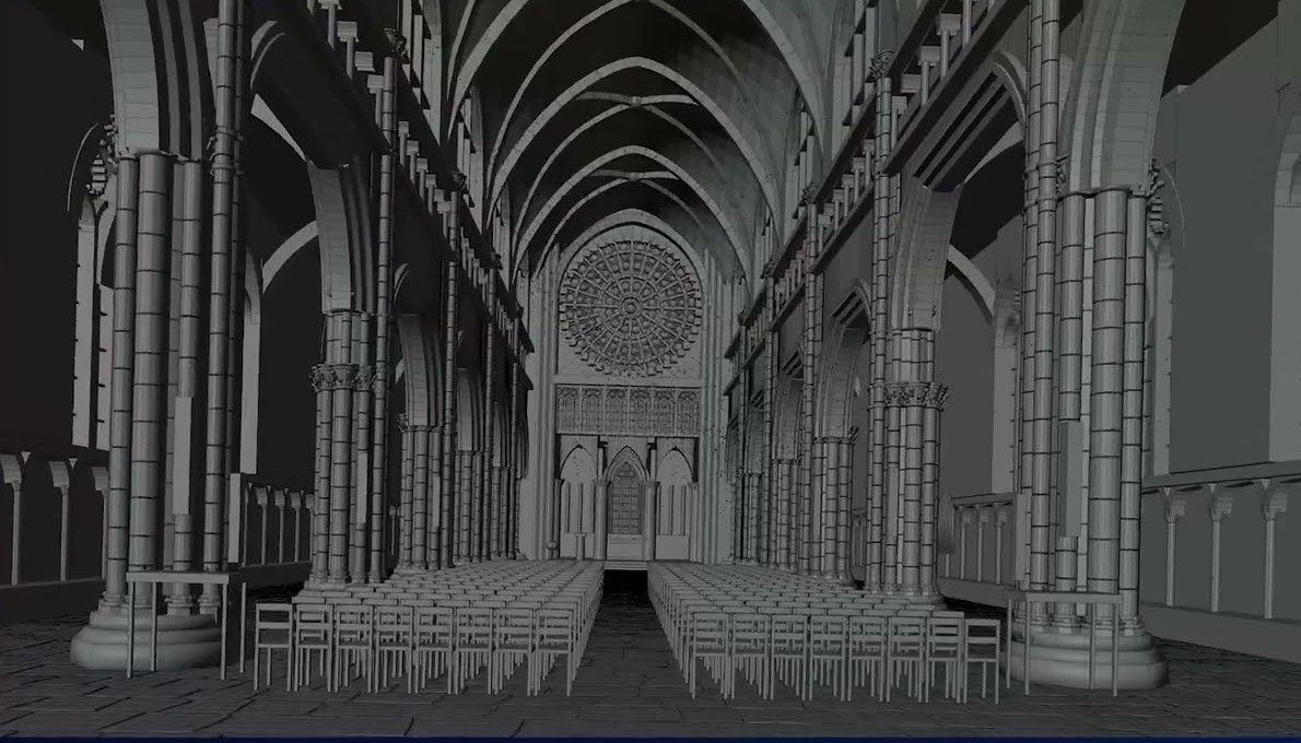 Interior katedral gotik abu-abu lengkap dengan rose window, vault, dan deretan kursi, hasil Argon menggerakkan Blender dari satu gambar