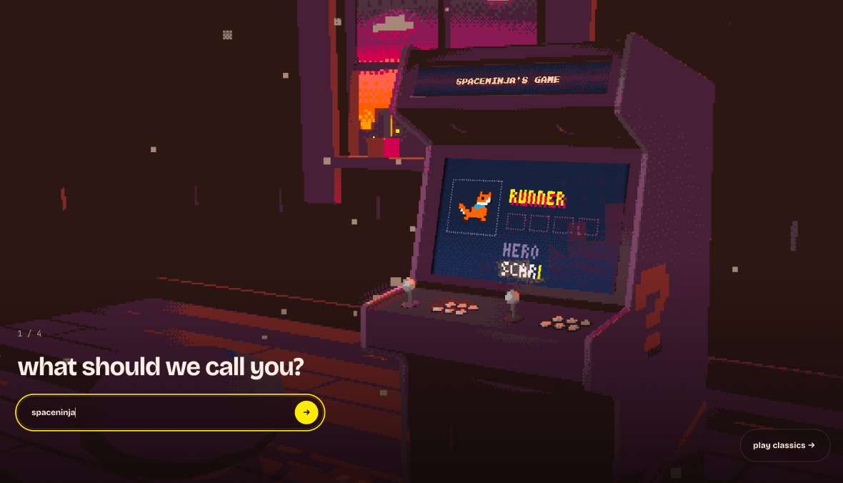 Pixel Arcade: mesin arcade 3D bergaya pixel-art dengan layar bertulisan RUNNER dan form yang nanya nama pemain