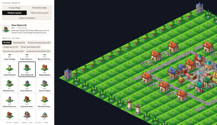 Isometric Town Builder dengan grid isometrik 2:1 dan panel palette berisi 256 tile pixel-art yang bisa dipilih