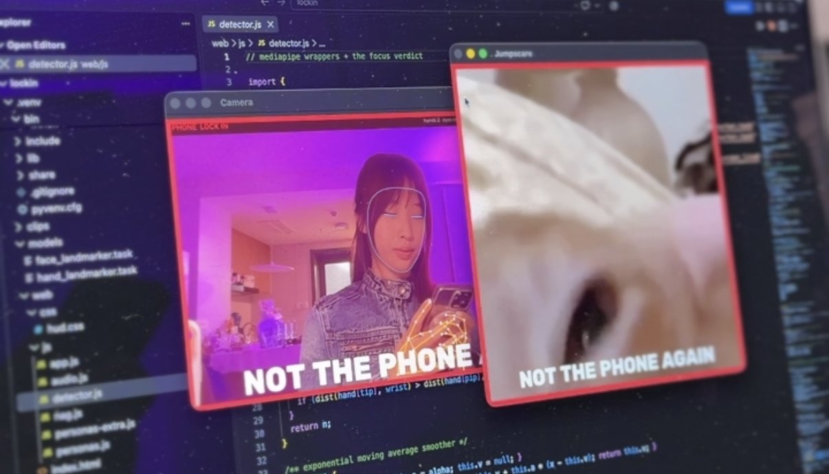 Dua window: kamera dengan tracking tangan dan muka, plus window kucing teriak dengan caption NOT THE PHONE AGAIN