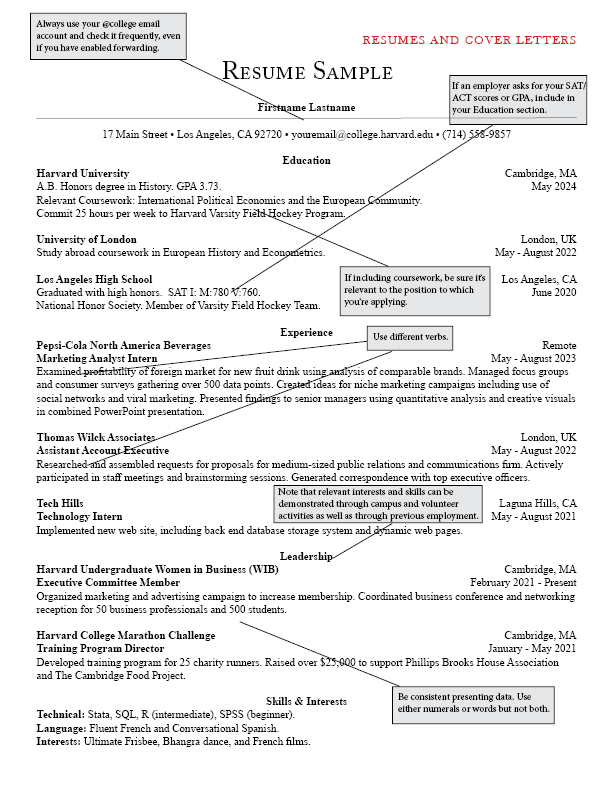 Harvard College resume sample template