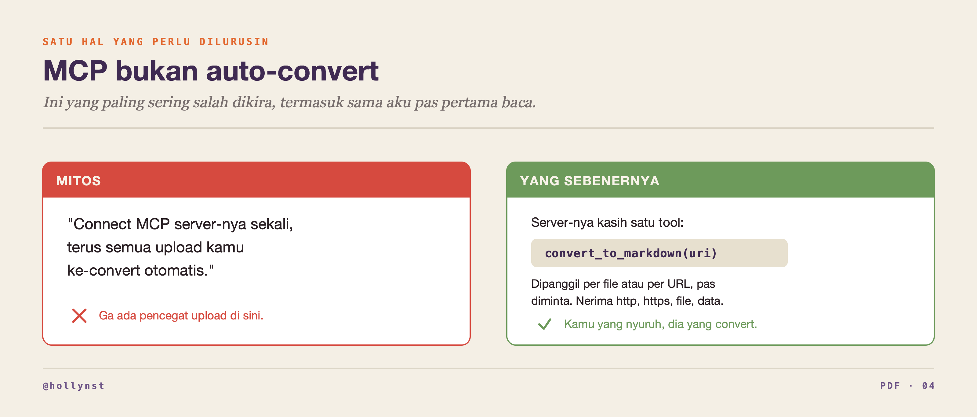 Mitos MCP auto-convert dibandingkan dengan tool convert_to_markdown yang dipanggil per file