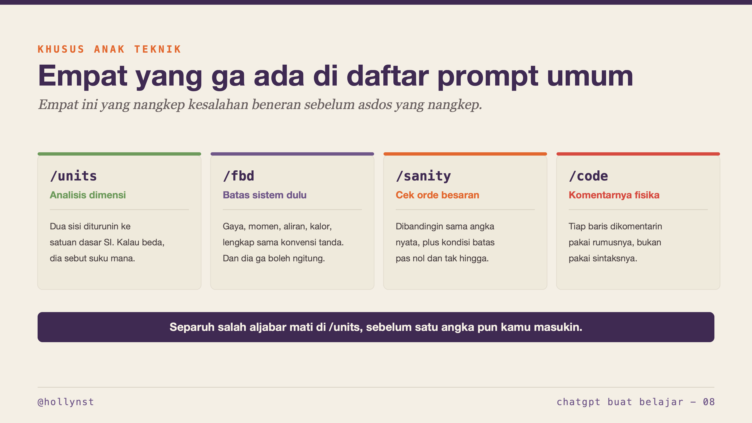 Empat command khusus teknik: units, fbd, sanity, dan code