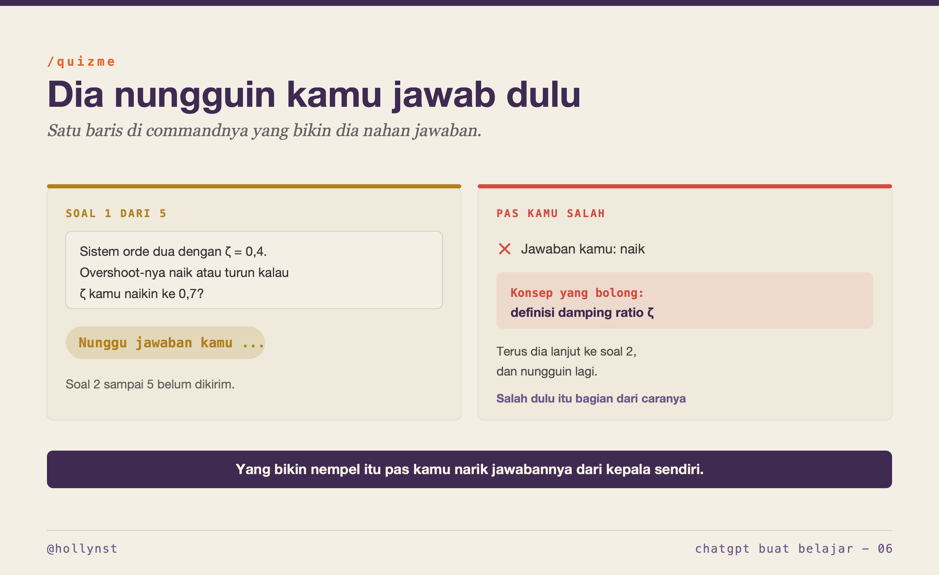Soal pertama tentang damping ratio, status nunggu jawaban, terus diagnosis konsep yang bolong